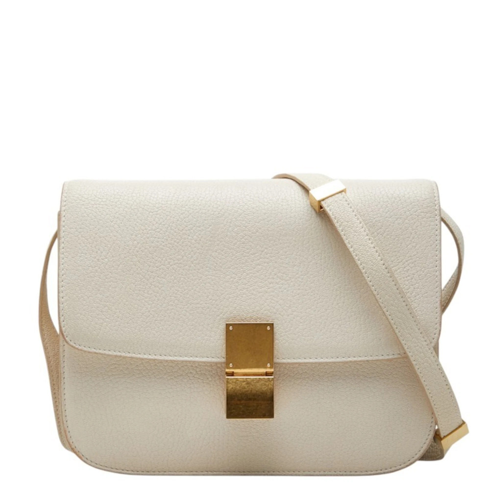 Celine Classic Box Medium Crossbody Shoulder Bag, White Leather, Women's CELINE